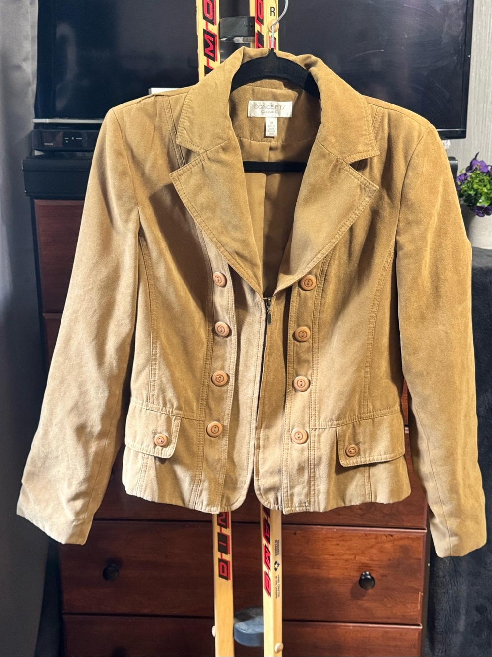 Y2K Women's Double-Breasted Suede Blazer Jacket in Tan.